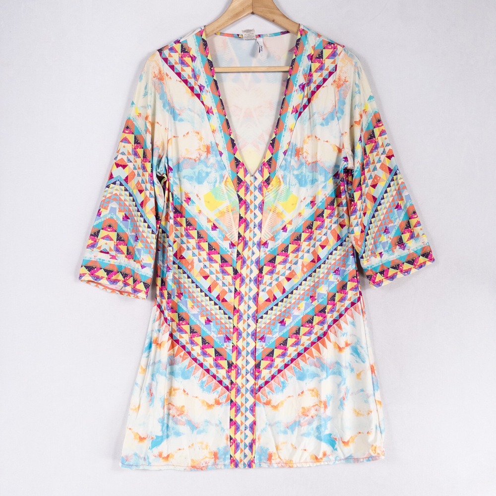 Bar III Dress Womens Sz Small Multicolor Geometric Print Stretch Knit Mini Boho